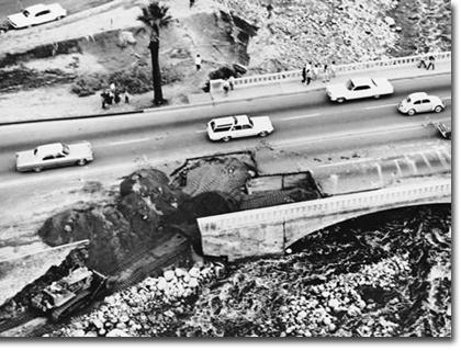 November 1965 flood. Highway 111 in Palm Springs was cut in two places disrupting traffic for several days.